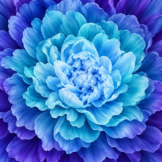 sky blue, turquoise, cyan, light blue, periwinkle, lavender, purple, deep purple, ombre, gradient, floral, flower, peony, bloom, botanical, nature, close-up, macro, textured, layered petals, elegant, modern, contemporary, artistic, romantic, spring, summer, wall hanging, home decor, full coverage
