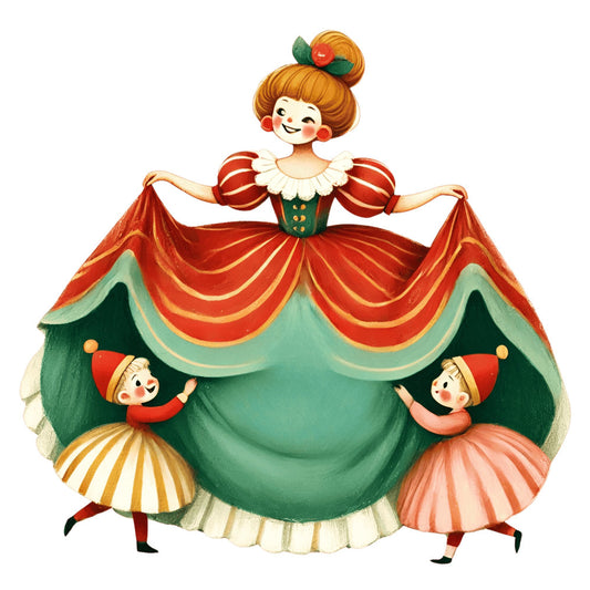red, green, gold, cream, coral pink, forest green, ruby red, vintage circus, clown, ringmaster, festive, whimsical, retro, theatrical, performance, big top, entertaining, children's, playful, nostalgic, mid-century, classic, cheerful, joyful, holiday, celebration, costume, performer, acrobat, elf