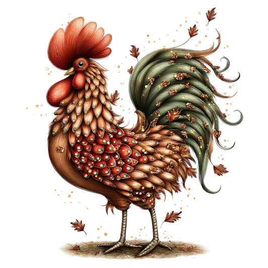 rooster, rust red, olive green, tan brown, golden yellow, farmhouse, rustic, whimsical, folk art, vintage, autumn, fall, poultry, bird, nature, country, decorative, detailed illustration, botanical, feathers, tail feathers, ornate, traditional, earthy tones, harvest, cottage core, wall hanging, home decor, animals