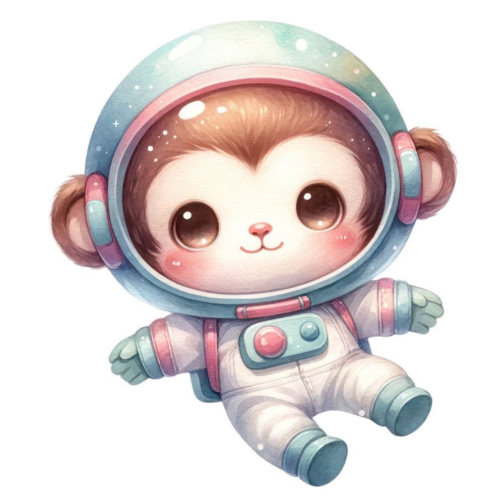 cute astronaut monkey, space animals, whimsical creatures, baby animals, soft pastel colors, dusty blue, coral pink, sage green, cream white, brown fur, cartoon style, adorable characters, nursery themes, children's illustration, celestial theme, space explorer, animal characters, sweet expression, big eyes, playful design, modern whimsical, soft illustration style, baby quilt, nursery decor, kids bedding, gender neutral, space adventure, friendly characters, kawaii style, pastel palette