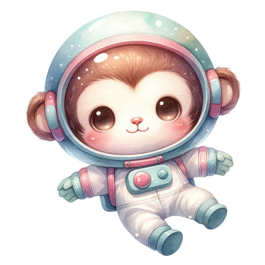 cute astronaut monkey, space animals, whimsical creatures, baby animals, soft pastel colors, dusty blue, coral pink, sage green, cream white, brown fur, cartoon style, adorable characters, nursery themes, children's illustration, celestial theme, space explorer, animal characters, sweet expression, big eyes, playful design, modern whimsical, soft illustration style, baby quilt, nursery decor, kids bedding, gender neutral, space adventure, friendly characters, kawaii style, pastel palette