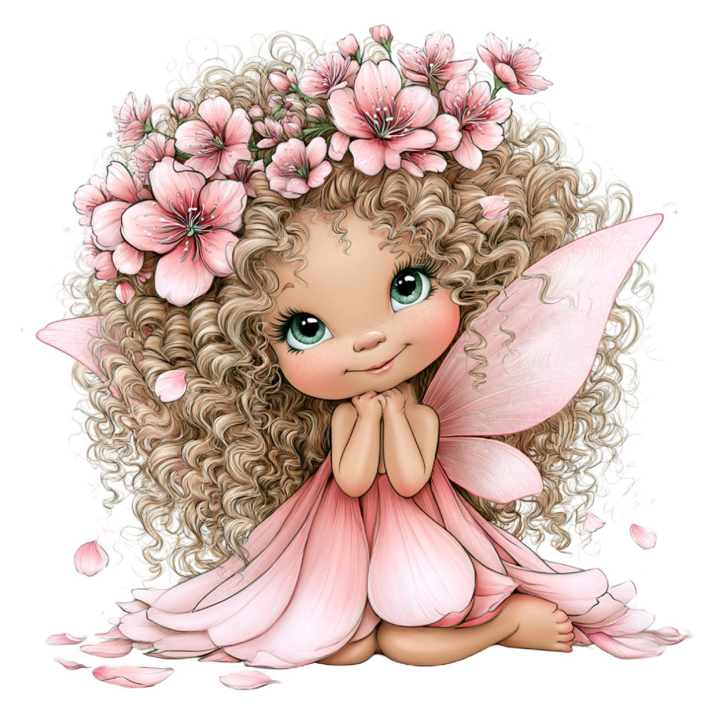 fairy, flower fairy, pink flowers, blush pink, soft pink, pale pink, sage green, cream, beige, tan, floral, whimsical, magical, fantasy, nature, spring, garden, wings, fairy wings, curly hair, cute, sweet, delicate, ethereal, children's, baby, girl, enchanted, flower crown, petals