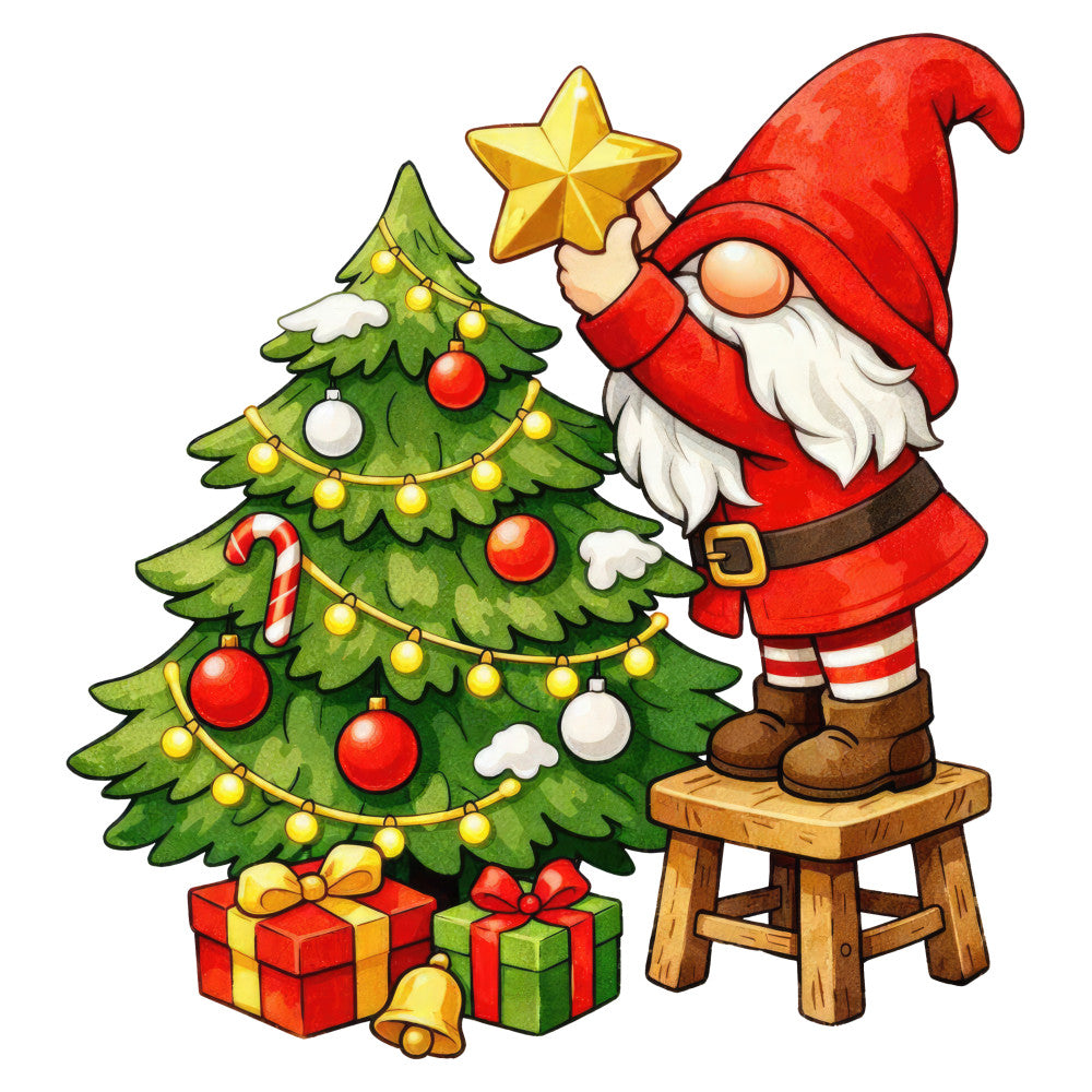 gnome, christmas, holiday, red, forest green, gold, white, cream, whimsical, festive, winter, santa, decorative, jolly, traditional, christmas tree, ornaments, candy cane, presents, gifts, bells, star, snow, cheerful, seasonal, rustic, nostalgic, vintage style, warm tones, children's design