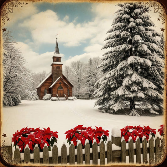 winter scene, snowy landscape, red poinsettia, cream white, forest green, deep red, vintage holiday, rustic charm, farmhouse style, christmas theme, country cottage, wooden fence, evergreen tree, snow-covered trees, church steeple, traditional holiday, nostalgic, seasonal decor, winter white, holiday botanical, festive design, country christmas, picket fence, snowy village, decorative border, elegant traditional, winter countryside, poinsettia flowers, holiday fabric panel