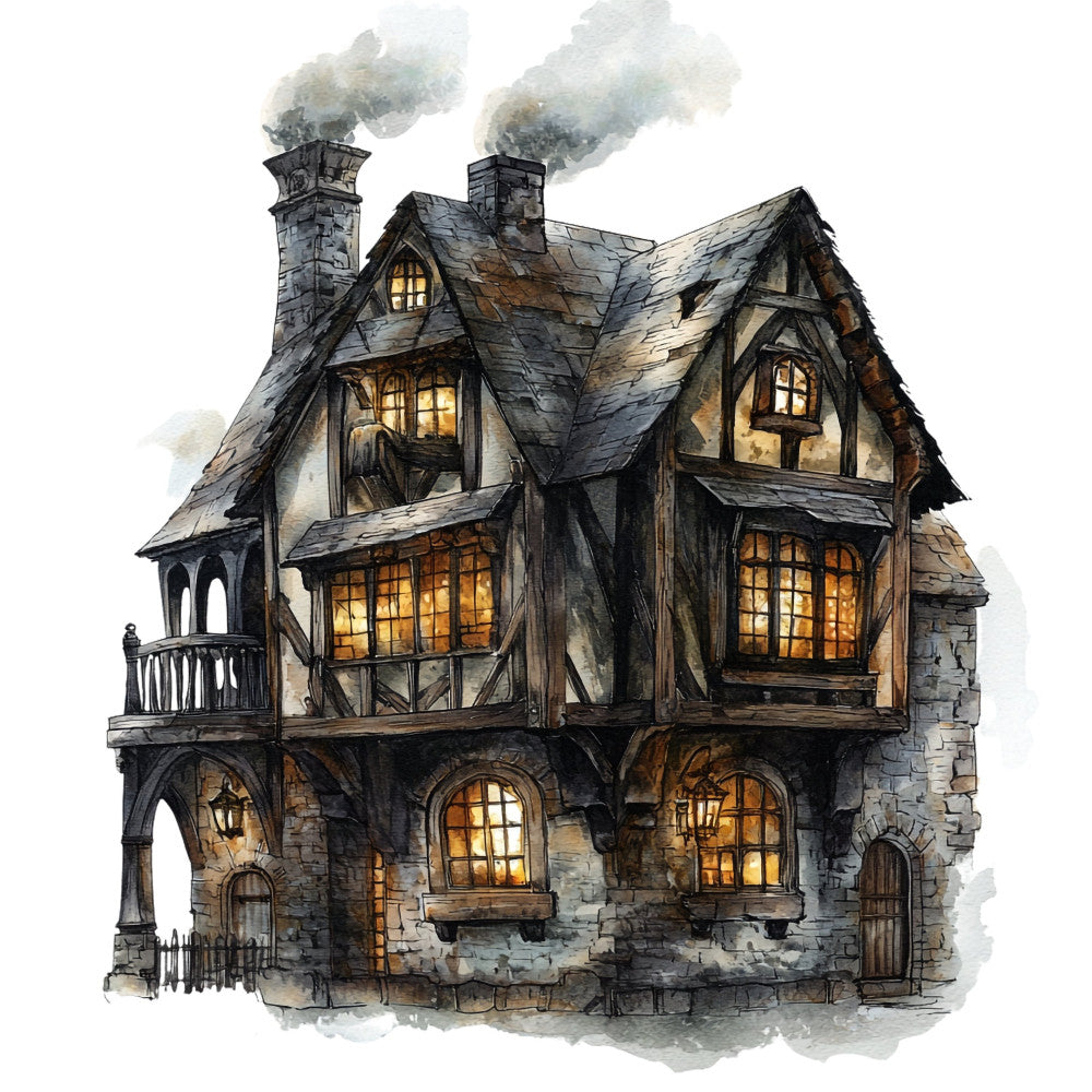 haunted house, gothic, steampunk, dark academia, victorian, whimsical, charcoal gray, warm gold, cream, black, stone gray, illuminated windows, chimney smoke, architectural, spooky, Halloween, autumn, vintage, rustic, elegant, moody, mysterious, fantasy, fairy tale, cottage core, literary, steampunk aesthetic, detailed illustration, warm lighting, decorative arts