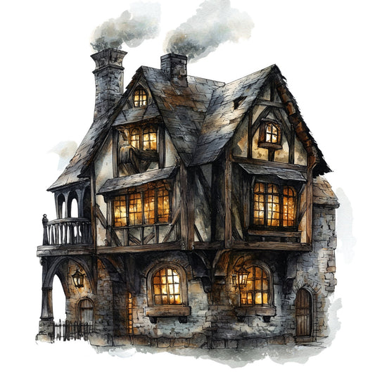 haunted house, gothic, steampunk, dark academia, victorian, whimsical, charcoal gray, warm gold, cream, black, stone gray, illuminated windows, chimney smoke, architectural, spooky, Halloween, autumn, vintage, rustic, elegant, moody, mysterious, fantasy, fairy tale, cottage core, literary, steampunk aesthetic, detailed illustration, warm lighting, decorative arts