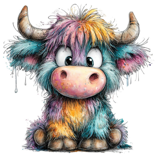 colorful highland cattle, whimsical animals, turquoise, coral pink, golden yellow, purple, teal blue, multicolor, watercolor style, painted effect, cute cow, highland bull, nursery, children's, playful, modern whimsical, artistic, expressive eyes, splatter paint, mixed media aesthetic, animal illustration, farmhouse decor, baby quilt, wall art, vibrant colors, soft pastels, charming character, quirky design, creative, contemporary art style