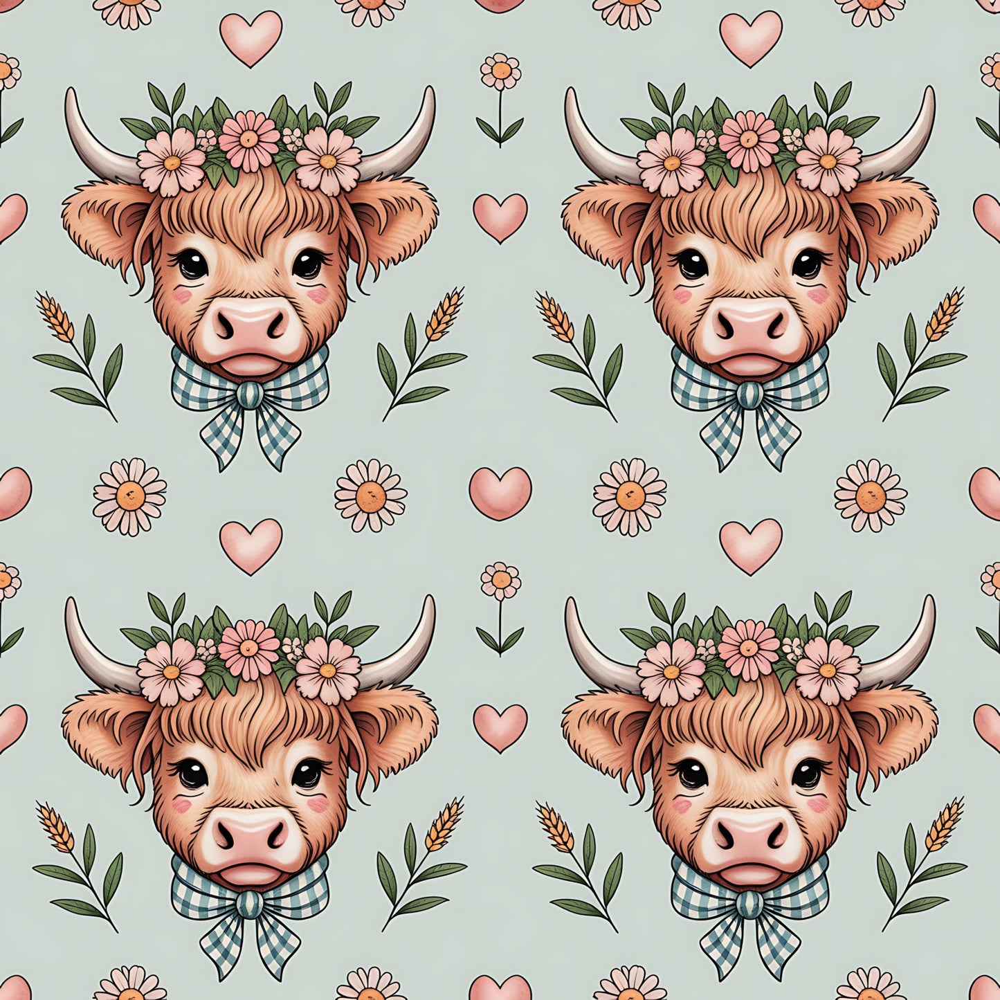 Highland Cow Heads Pattern 9 Quilting Cotton Fabric