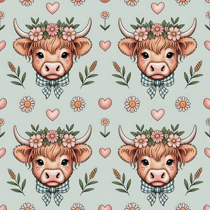 Highland Cow Heads Pattern 9 Quilting Cotton Fabric