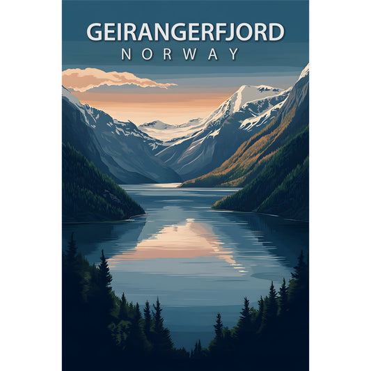 geirangerfjord norway, travel poster, fjord landscape, mountain scenery, snow-capped peaks, evergreen trees, blue water, peach sunset, teal sky, fabric panel, quilting cotton, scenic vista, nordic landscape, winter mountains, forest silhouettes, water reflection, vintage poster style, peaceful mood, nature scene, outdoor adventure