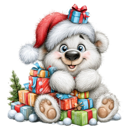 cute bear, white fur, christmas, holiday, santa hat, red and blue, gift boxes, presents, festive, whimsical, children's, baby, joy, cheerful, playful, winter, seasonal, animal character, colorful gifts, striped ribbon, evergreen, snow, teddy bear, character panel, storybook, illustrated, kawaii, bright colors, warm tones