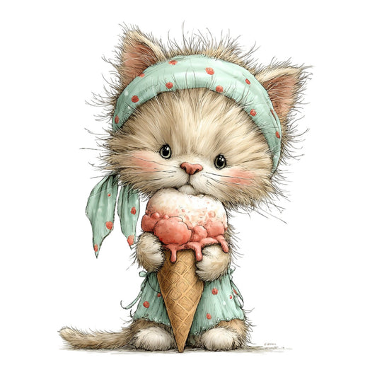 cute kitten, fluffy cat, strawberry, ice cream cone, mint green, sage green, coral pink, pastel colors, whimsical, adorable animals, children's design, playful, sweet theme, dessert motif, fruit pattern, strawberry print, summer, spring, baby quilt, nursery, kids fabric, charming, illustration style, animal characters, food theme, light pastel, gentle colors, hand-drawn style