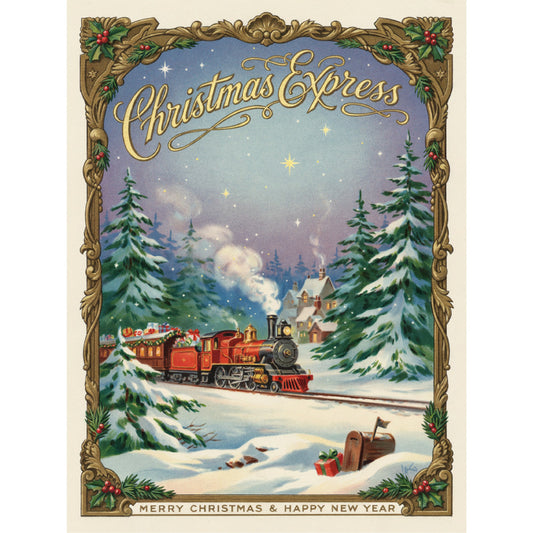 christmas express, vintage christmas, holiday train, steam locomotive, snow scene, winter landscape, forest green, deep blue, gold accents, red train, snowy trees, pine trees, festive, nostalgic, traditional christmas, magical, whimsical, elegant, ornate border, holiday decoration, merry christmas, happy new year, winter village, cabin, mailbox, gift box, starry night, vintage style, retro christmas, classic holiday