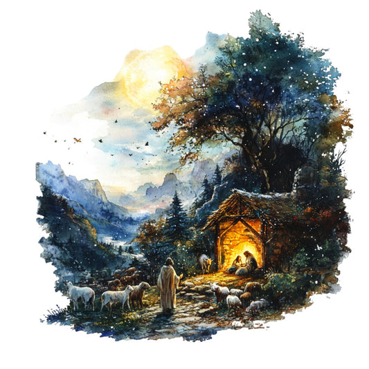 nativity scene, christmas, religious, spiritual, manger, holy night, winter, gold, warm golden light, deep blue, forest green, navy blue, teal, cream, beige, landscape, mountains, nature, animals, sheep, shepherds, cabin, barn, starlight, celestial, traditional, rustic, peaceful, serene, whimsical