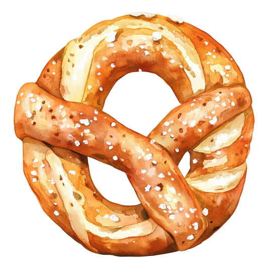 pretzel, food, bakery, bread, tan, cream, golden brown, rust, white, beige, food themed, kitchen, culinary, whimsical, playful, novelty, realistic, detailed illustration, foodie, chef, bavarian, german, traditional, rustic, comfort food, carbohydrate, appetizing, fun print