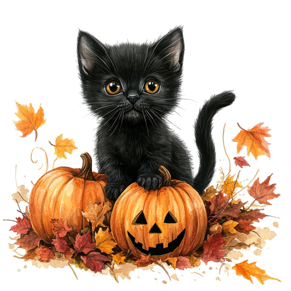black cat, orange pumpkin, jack-o-lantern, autumn leaves, fall colors, halloween, orange, black, golden yellow, rust red, autumn, seasonal, harvest, whimsical, cute animals, spooky, festive, children's, cat face, pumpkin patch, maple leaves, falling leaves, october, holiday theme, playful, charming, nature inspired, wall hanging, decorative panel