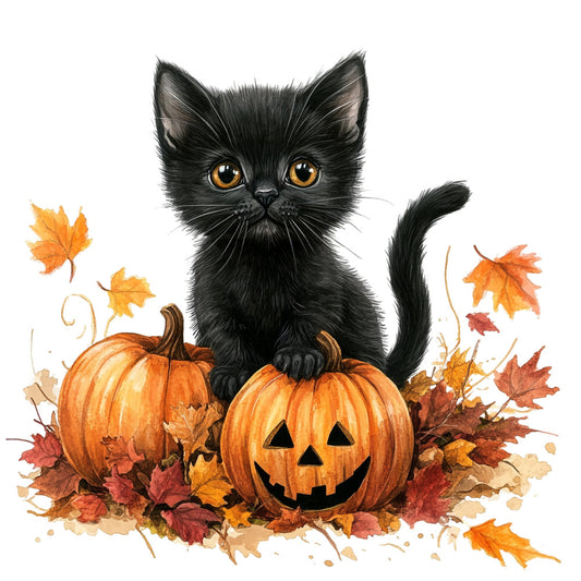 black cat, orange pumpkin, jack-o-lantern, autumn leaves, fall colors, halloween, orange, black, golden yellow, rust red, autumn, seasonal, harvest, whimsical, cute animals, spooky, festive, children's, cat face, pumpkin patch, maple leaves, falling leaves, october, holiday theme, playful, charming, nature inspired, wall hanging, decorative panel