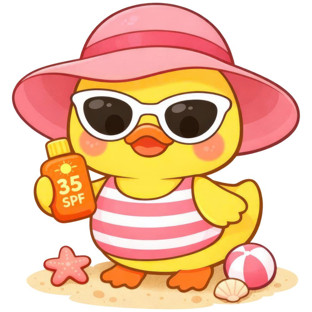 yellow chick, coral pink, sunglasses, beach theme, summer, whimsical, cute animals, sun protection, spf sunscreen, striped swimsuit, starfish, beach ball, seashell, sand, playful, bright yellow, hot pink, children's fabric, coastal, vacation theme, fun animals, seaside, tropical, cheerful, cartoon style, kids clothing, nursery, baby fabric, adorable