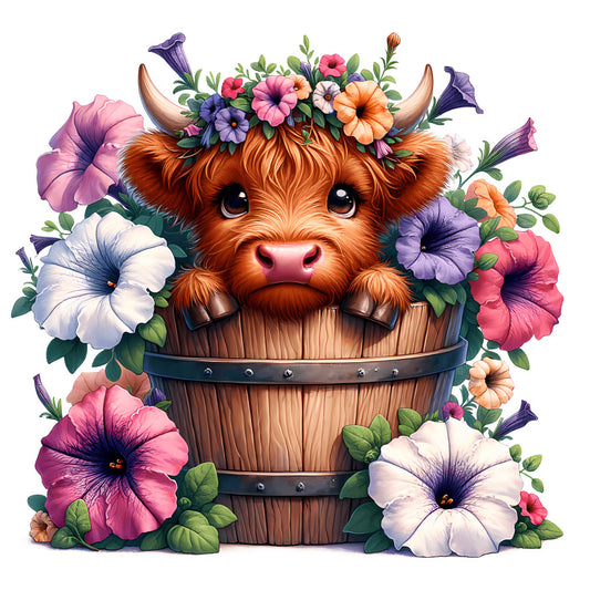 Cute Highland Cows in Buckets Fabric Panel 2 featuring an adorable calf in a wooden bucket surrounded by colorful flowers.