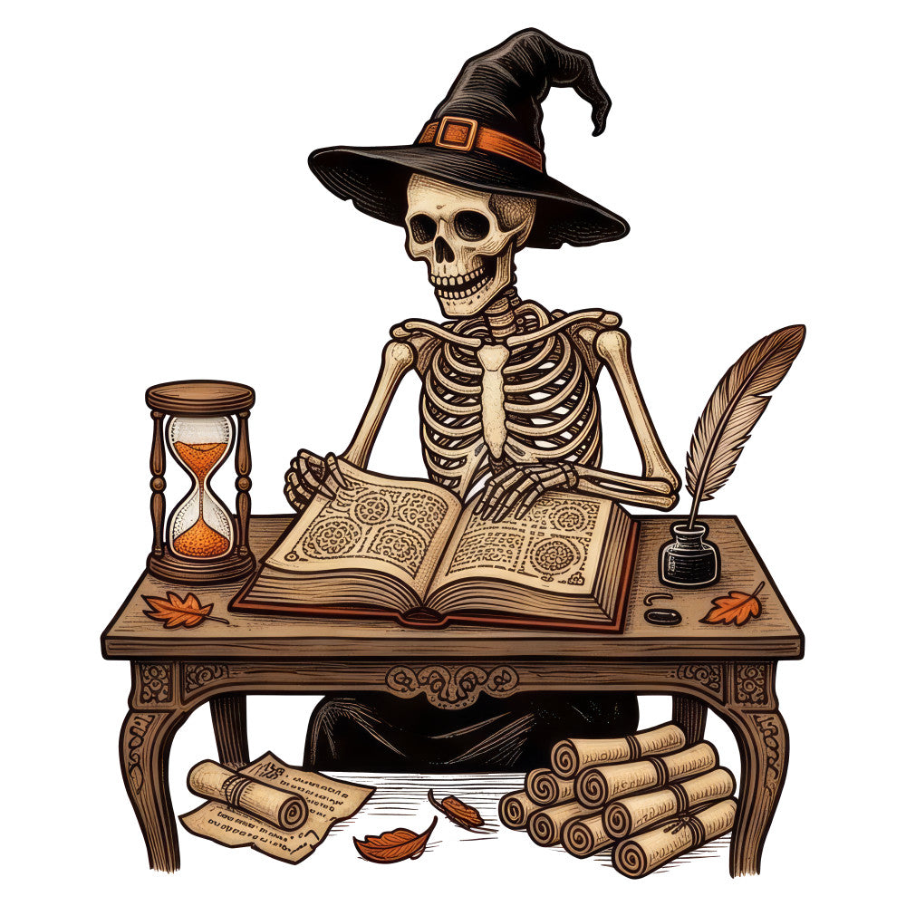 skeleton, witch hat, halloween, autumn, fall, orange, black, cream, tan, beige, vintage, gothic, spooky, witchy, mystical, magical, celestial, books, hourglass, feather quill, ink bottle, enchanted, whimsical, dark academia, seasonal, horror, occult, parchment, scrolls, leaves