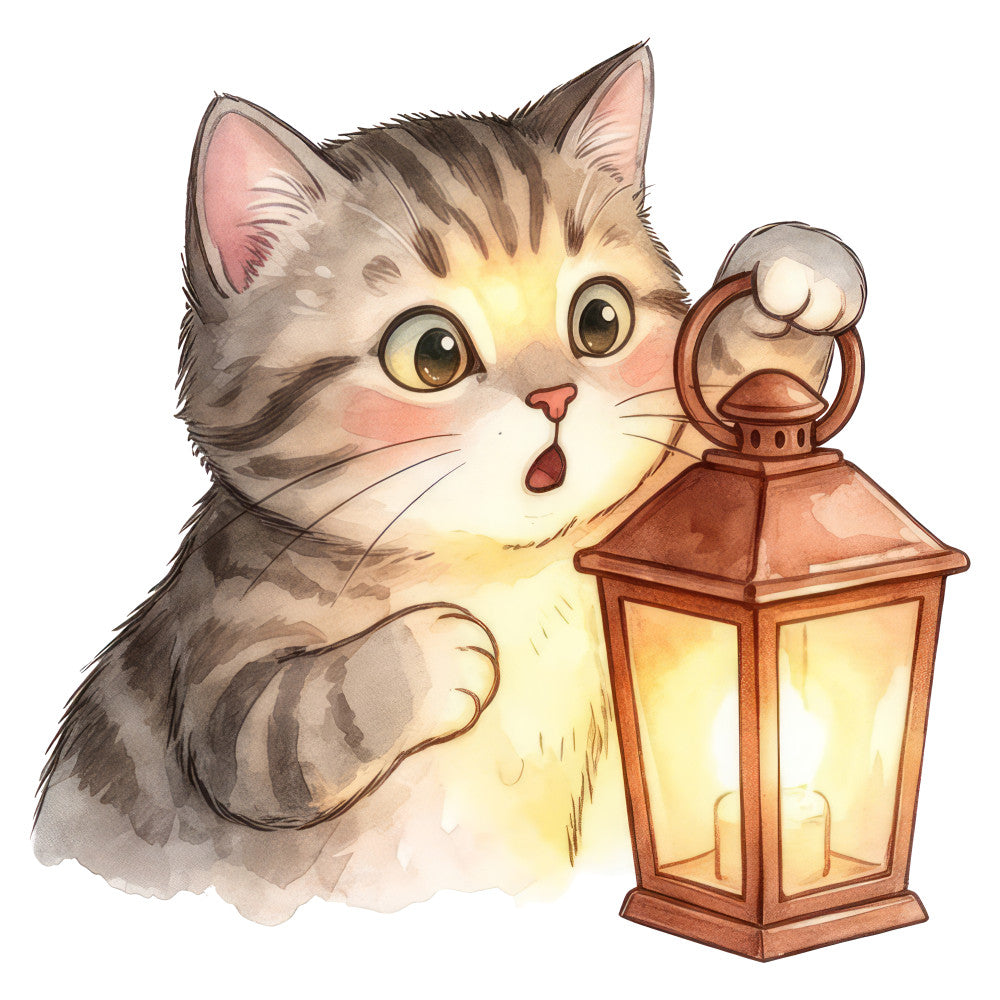 tabby cat, warm brown, cream, soft yellow, golden yellow, pink, cute animals, whimsical, folk art, children's, lantern, cozy, vintage style, illustration, kawaii, asian inspired, nursery, baby, decorative panel, playful, charming, striped tabby, light and bright, woodland, gentle, storybook, canvas print style