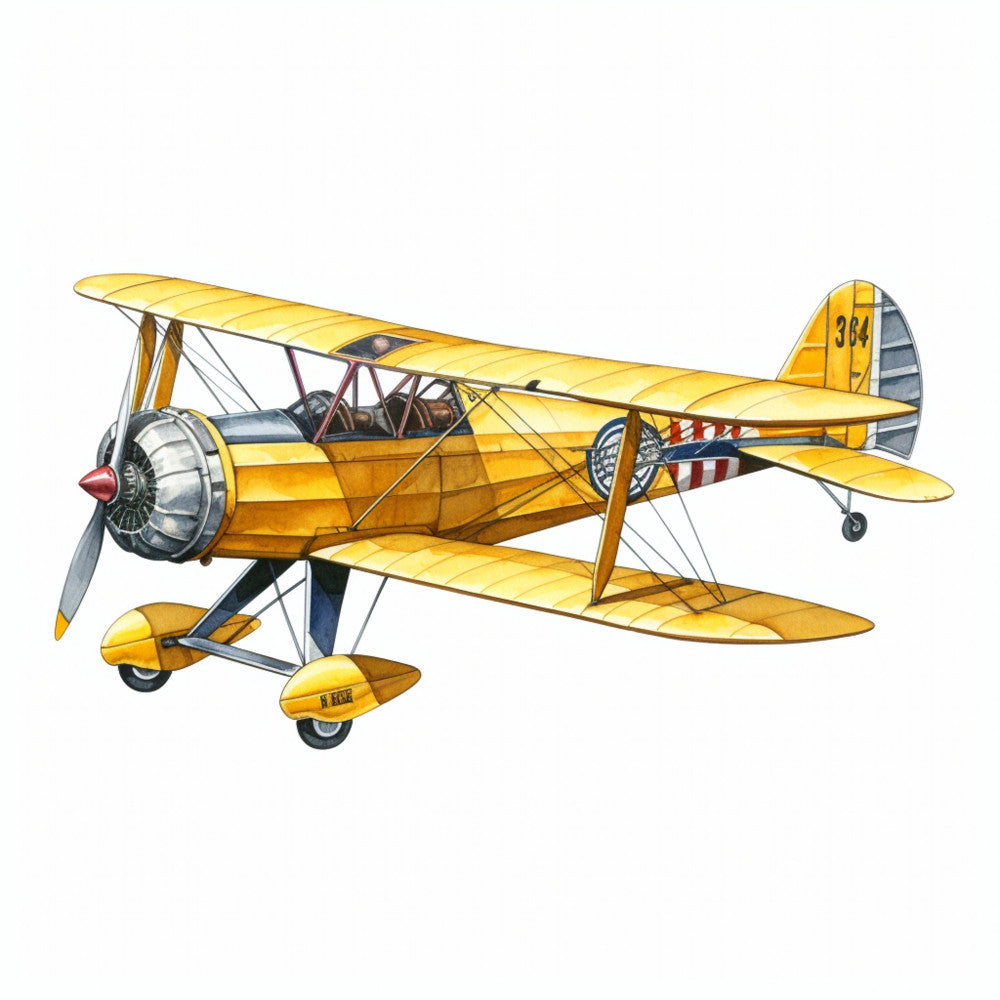 vintage airplane, yellow, golden yellow, biplane, aviation, retro aircraft, antique plane, steampunk, travel theme, adventure, mechanical, nostalgic, 1940s, 1930s, propeller plane, red accent, blue accent, transportation, sky, clouds, classic style, retro style, whimsical, masculine, travel quilt, wall hanging, children's fabric, boy's room, aviation enthusiast, heritage
