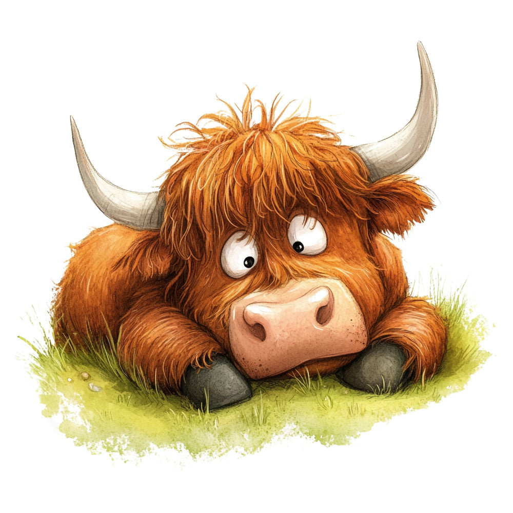 highland cattle, scottish highland cow, brown cow, rust orange, cream, sage green, watercolor, whimsical, cute animals, farmhouse, rustic, children's illustration, cartoon cow, animal portrait, horned cattle, cow face, charming, folk art, storybook style, pastoral, countryside, farm animals, gentle humor, nursery, baby animals, spring, summer, nature themed, illustrated animals, playful expression