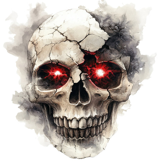 skull, red eyes, glowing eyes, gothic, dark, skeleton, bone, watercolor, abstract, gray, charcoal, cream, black, metallic red, horror, spooky, halloween, edgy, contemporary, artistic, grunge, dramatic, glow effect, crackle texture, moody, dark aesthetic, alternative, metal band, punk, wall art