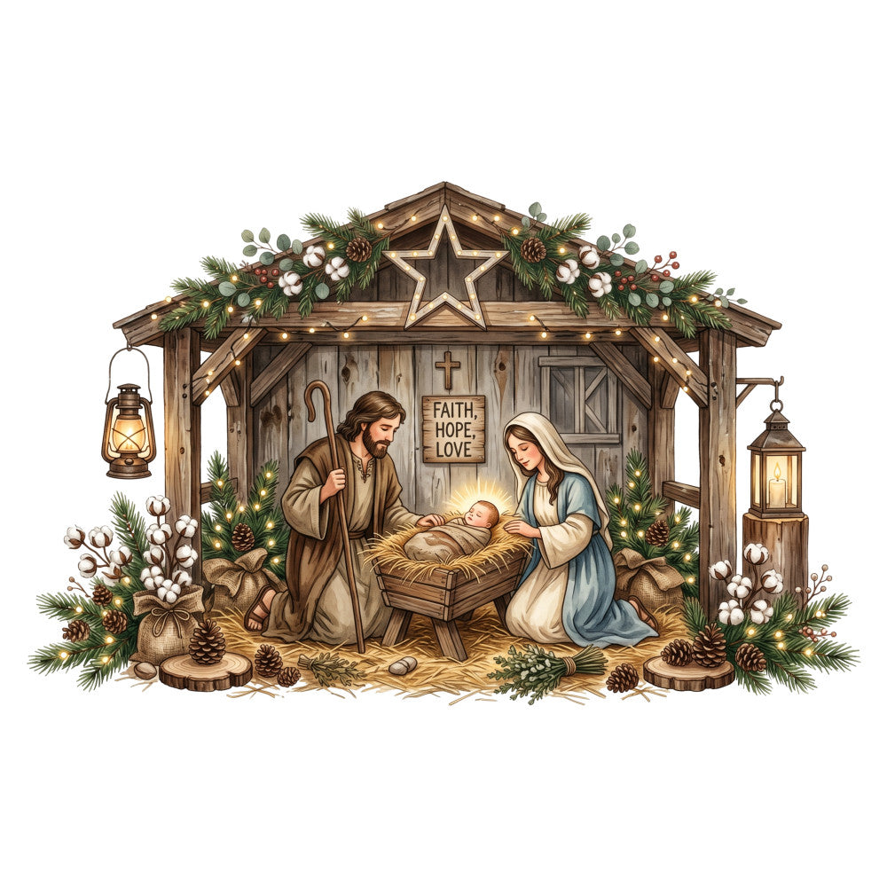 nativity, christmas, religious, faith hope love, manger scene, jesus, mary joseph, baby jesus, wooden star, lanterns, cotton bolls, pinecones, evergreen garland, rustic, traditional, warm neutral, cream, tan, brown, gold, sage green, farmhouse, spiritual, holiday, religious scene, vintage illustration, detailed, nativity scene, winter, celebration