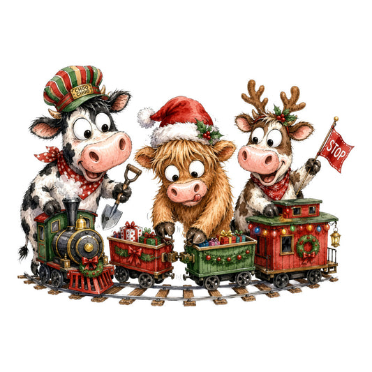 christmas, holiday, festive, whimsical, animals, cattle, cows, reindeer, train, locomotive, red, green, gold, brown, cream, vintage, farmhouse, rustic, charming, playful, cute, children's, seasonal, winter, christmas train, farm animals, decorative, fun, colorful, traditional
