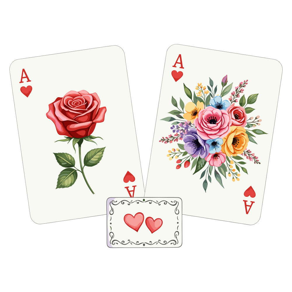 fabric panel, playing cards, ace of hearts, floral design, red roses, pink flowers, purple blooms, yellow flowers, blue flowers, green leaves, botanical art, watercolor style, card game theme, quilting cotton, hearts suit, flower bouquet, romantic florals, craft panel, sewing project, decorative flowers