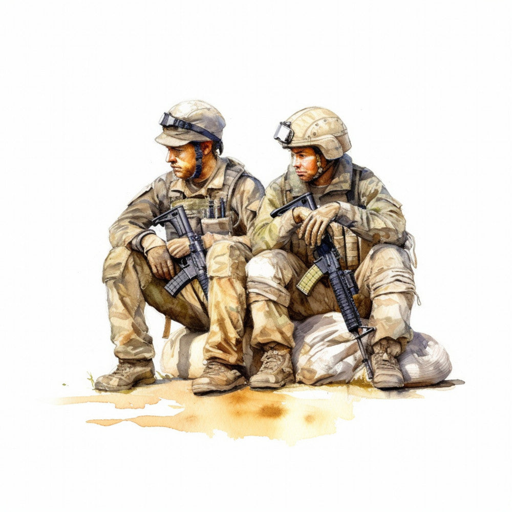 military, soldiers, camouflage, tan, khaki, beige, cream, brown, desert, combat, armed forces, patriotic, heroes, realistic, watercolor, illustration, men, uniforms, tactical gear, helmets, rifles, strength, courage, tribute, contemporary, detailed, figurative, wall hanging, home decor, veteran appreciation