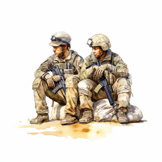 military, soldiers, camouflage, tan, khaki, beige, cream, brown, desert, combat, armed forces, patriotic, heroes, realistic, watercolor, illustration, men, uniforms, tactical gear, helmets, rifles, strength, courage, tribute, contemporary, detailed, figurative, wall hanging, home decor, veteran appreciation