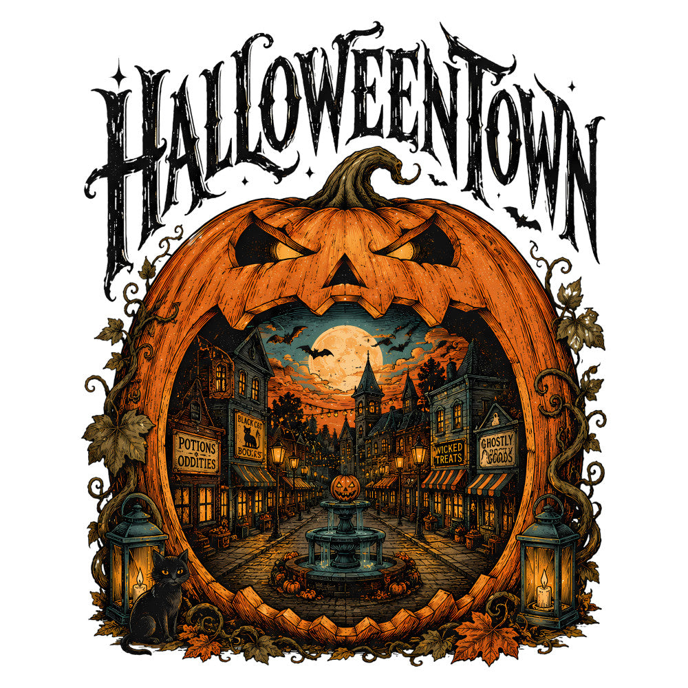halloween town, jack-o-lantern, pumpkin, haunted house, spooky, gothic, autumn, fall, orange, black, cream, navy blue, gold accents, trick-or-treat, trick or treat street, full moon, bats, lanterns, black cat, witchy, creepy, festive, whimsical, holiday, seasonal, wall hanging, novelty print, town scene, vintage halloween, dark orange