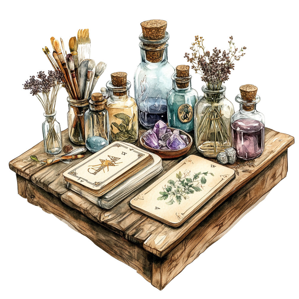 watercolor art, witch theme, glass bottles, potion bottles, cork stoppers, dried herbs, crystal gems, purple amethyst, tarot cards, paint brushes, wooden table, botanical elements, mystical scene, occult supplies, apothecary jars, fabric panel, quilting cotton, earthy tones, sage green, lavender purple, amber yellow, witchcraft motifs, magical supplies