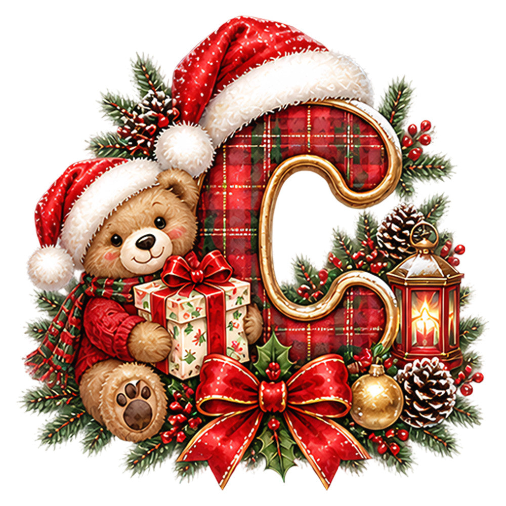 christmas, holiday, teddy bear, santa hat, red plaid, tartan, evergreen, pine branches, pinecones, gold accents, candy cane, lantern, festive, traditional, whimsical, cute, children's, cream, ivory, deep red, forest green, golden, berries, holly, bows, ribbons, gift box, vintage style, nostalgic