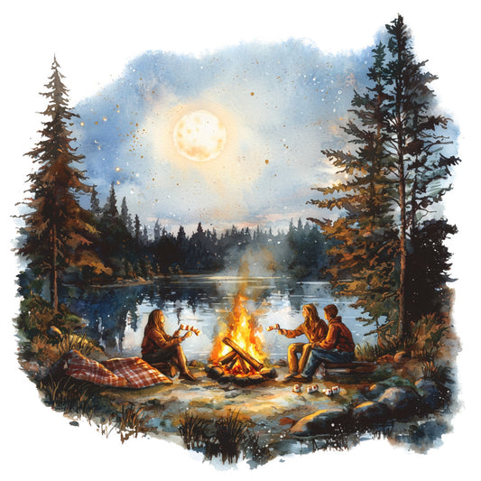 camping scene, campfire, lake view, evergreen trees, full moon, starry night, watercolor style, outdoor adventure, forest landscape, blue sky, orange flames, warm glow, nature scene, wilderness, fabric panel, quilting cotton, rustic mood, peaceful evening, reflective water, pine trees