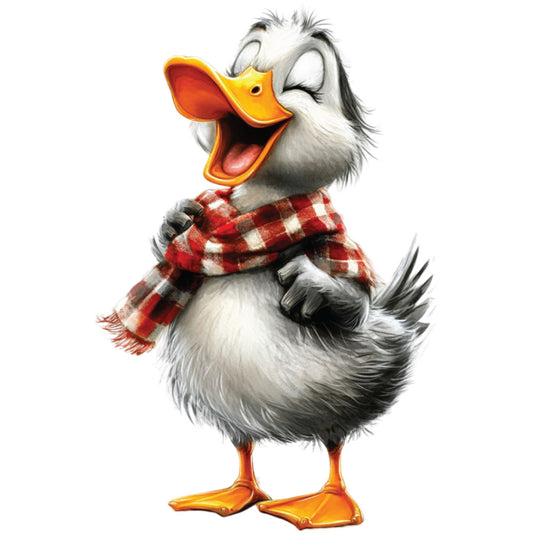 duck, waterfowl, bird, white feathers, gray feathers, orange beak, orange feet, red plaid scarf, checkered pattern, whimsical, cartoon style, cheerful, winter accessories, fabric panel, quilting cotton, cute animal, illustrated character, winter theme, cozy scarf, playful design