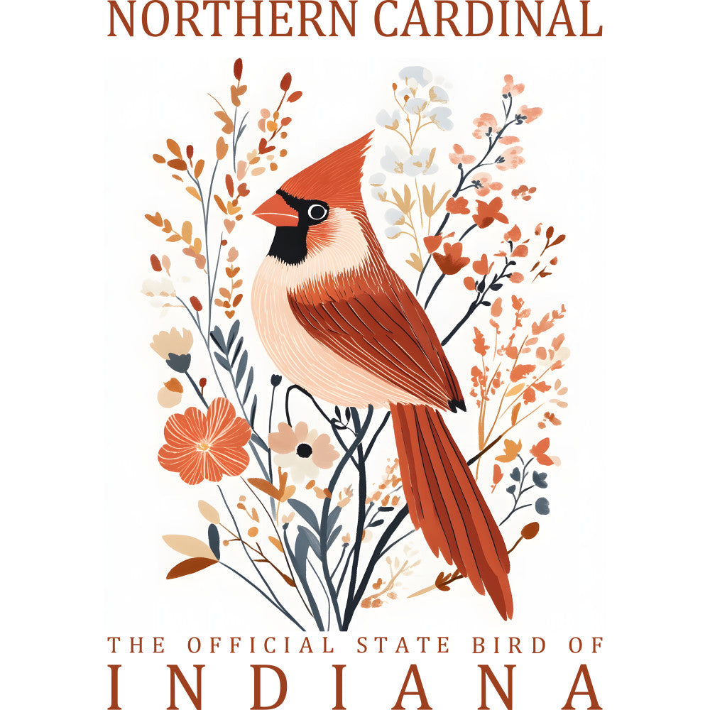 red cardinal, northern cardinal, state bird, indiana, botanical illustration, autumn colors, coral red, burnt orange, cream background, floral branches, bird artwork, nature design, fabric panel, quilting cotton, wildlife theme, decorative flowers, ornamental leaves, folk art style, warm earth tones, vintage botanical