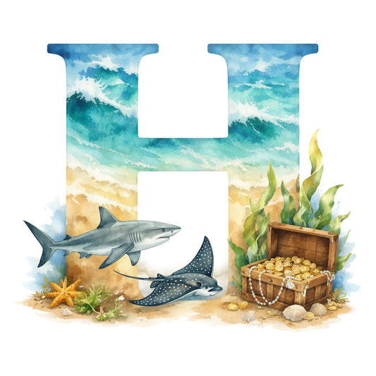 turquoise, teal, ocean blue, sandy beige, cream, white, shark, manta ray, starfish, treasure chest, gold coins, seaweed, shells, ocean waves, beach, nautical, underwater, whimsical, coastal, summer, tropical, adventure, children's, kids, alphabet letter h, educational, sea creatures, aquatic, sandy beach, seaside