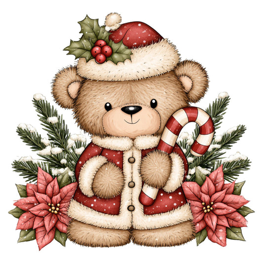 christmas, holiday, teddy bear, bear, cute, whimsical, festive, red, cream, beige, tan, forest green, candy cane, poinsettia, holly, winter, seasonal, children, kids, baby, animals, woodland, traditional, vintage, nostalgic, heartwarming, decorative, gift fabric, panel design