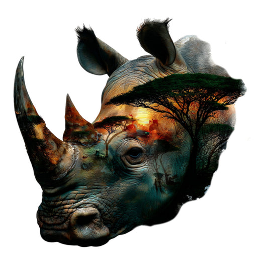 rhino, wildlife, african animals, double exposure, nature, animals, sunset, acacia tree, savanna, safari, earth tones, rust orange, burnt orange, forest green, teal blue, golden yellow, warm tones, realistic, artistic, modern, nature-inspired, wall art, home decor, majestic, dramatic, landscape fusion, animal portrait, boho, contemporary