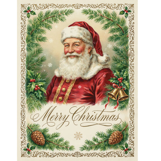 santa claus, christmas, holiday, vintage, traditional, elegant, red, cream, forest green, gold, brown, pine branches, evergreen, holly, pinecones, bells, ornamental, festive, nostalgic, victorian, decorative border, winter, seasonal, portrait, bearded, whimsical, timeless, classic