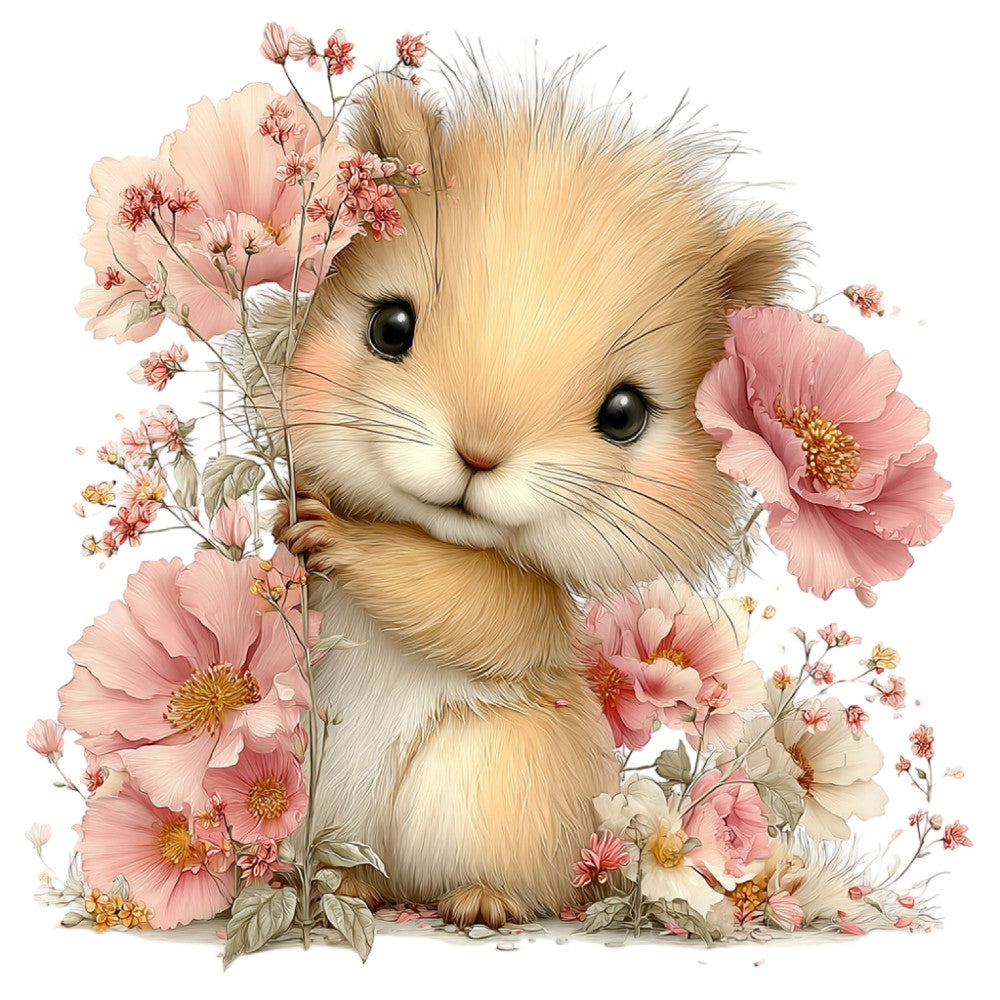 cute animal, fluffy creature, hamster, guinea pig, rodent, pink flowers, floral design, daisy, cosmos, delicate blooms, cream, ivory, dusty rose, blush pink, soft pastels, whimsical, charming, sweet, gentle, nature, botanical, spring, garden, baby, nursery, children, adorable, soft colors, vintage botanical, cottage core
