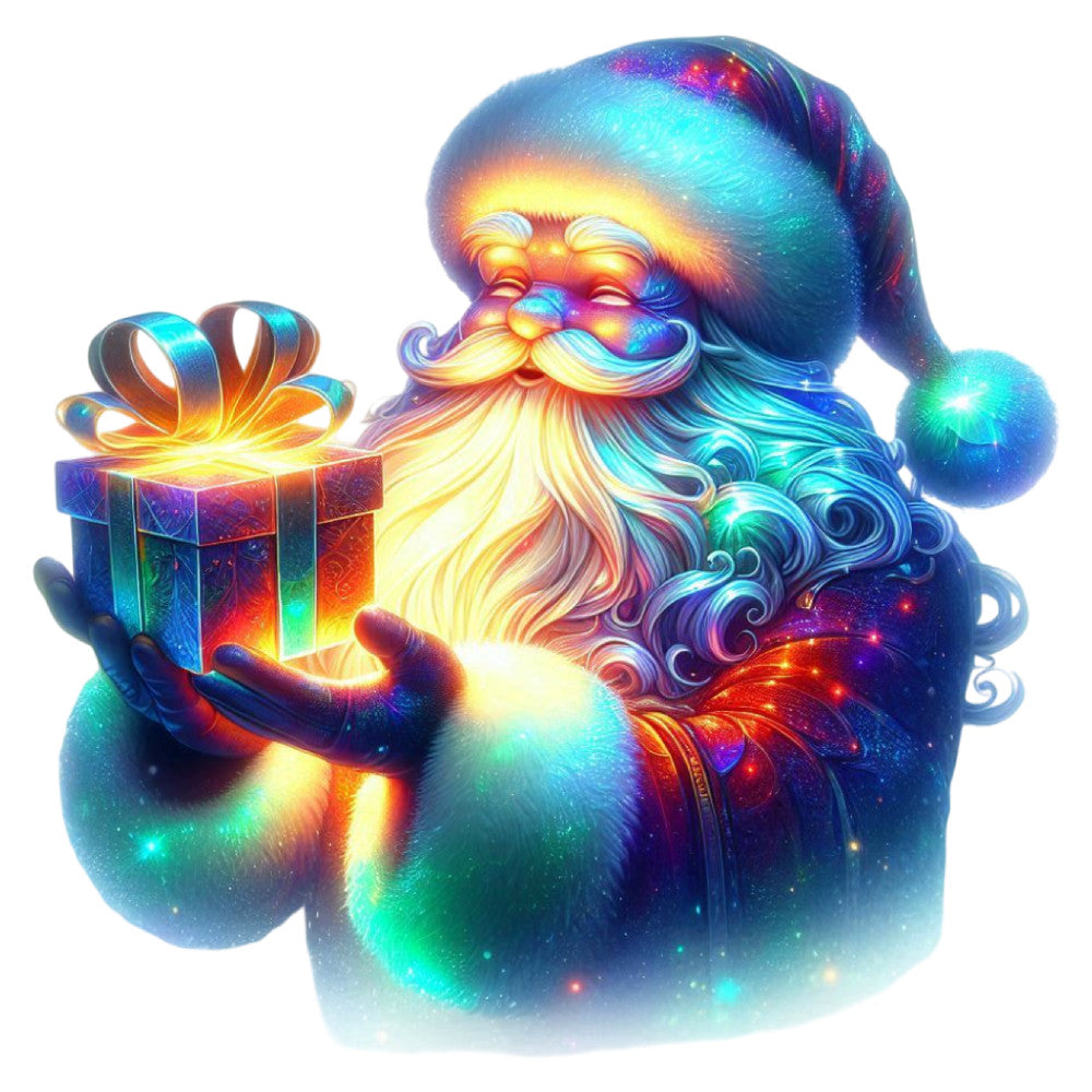 santa, christmas, holiday, neon, glowing, luminous, metallic, rainbow, multicolor, vibrant, gold, cyan blue, turquoise, purple, red, orange, festive, magical, whimsical, celestial, modern, fantasy, winter, gift giving, wall hanging, decorative, sparkle, iridescent, jolly, seasonal