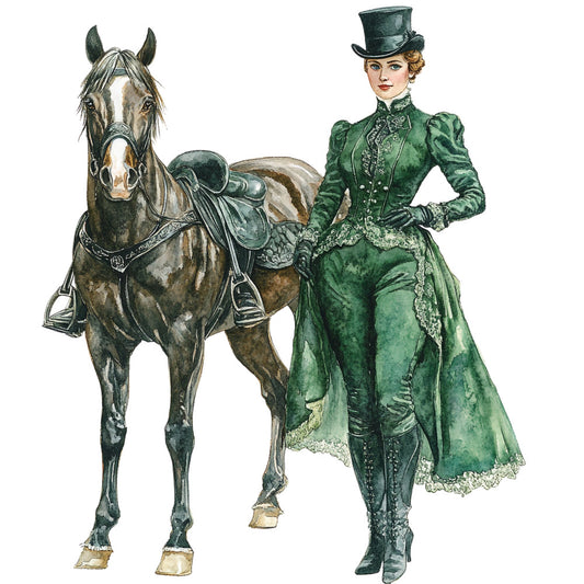 forest green, dark green, sage green, cream, ivory, vintage, equestrian, horse, riding, victorian, steampunk, elegant, refined, botanical, nature, women's fashion, historical, period costume, top hat, formal wear, traditional, sophisticated, classic, ornate, decorative, detailed illustration, portrait style, fashion illustration