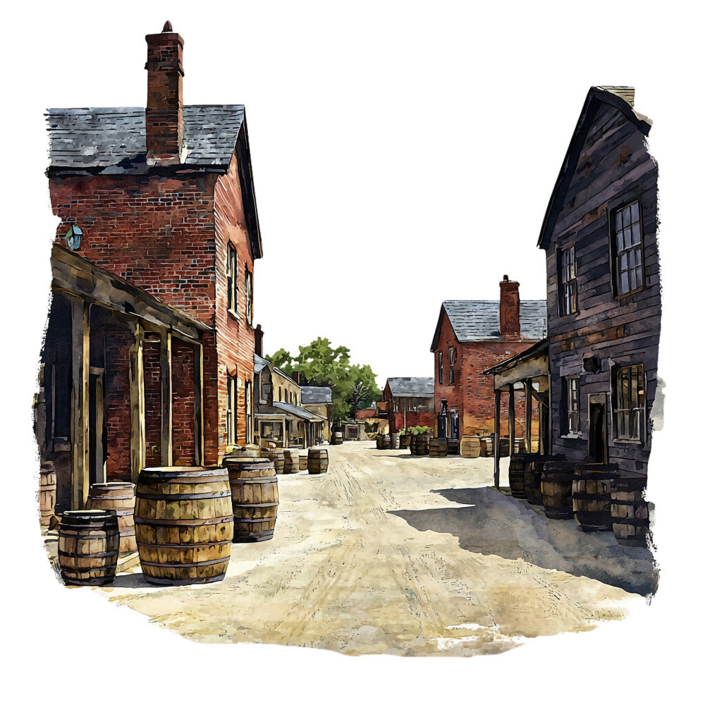 bourbon barrels, colonial village, brick buildings, wooden structures, dusty street, americana scene, historical town, watercolor style, earth tones, rustic buildings, fabric panel, quilting cotton, brown hues, gray rooftops, vintage atmosphere, old west town, country scene, architectural details, barrels and casks, muted palette