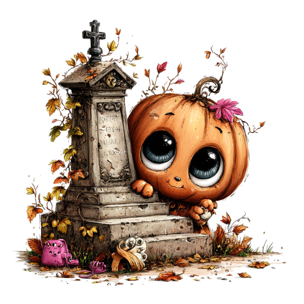 pumpkin orange, burnt orange, cream, white, gold, pink, magenta, autumn, fall, halloween, whimsical, cute, spooky, gothic, cemetery, gravestone, cross, pumpkin face, big eyes, character, animals, nature, rustic, vintage, seasonal, autumn leaves, fall foliage, decorative, charming, playful