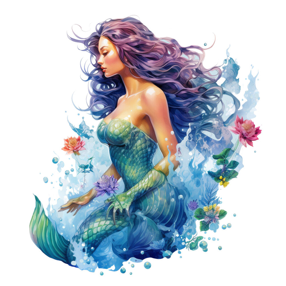 mermaid, ocean blue, teal, purple hair, flowing hair, watercolor style, fantasy character, sea creature, aquatic theme, fabric panel, quilting cotton, whimsical art, underwater scene, magical, feminine figure, floral accents, water bubbles, ethereal mood, mythical creature, craft project