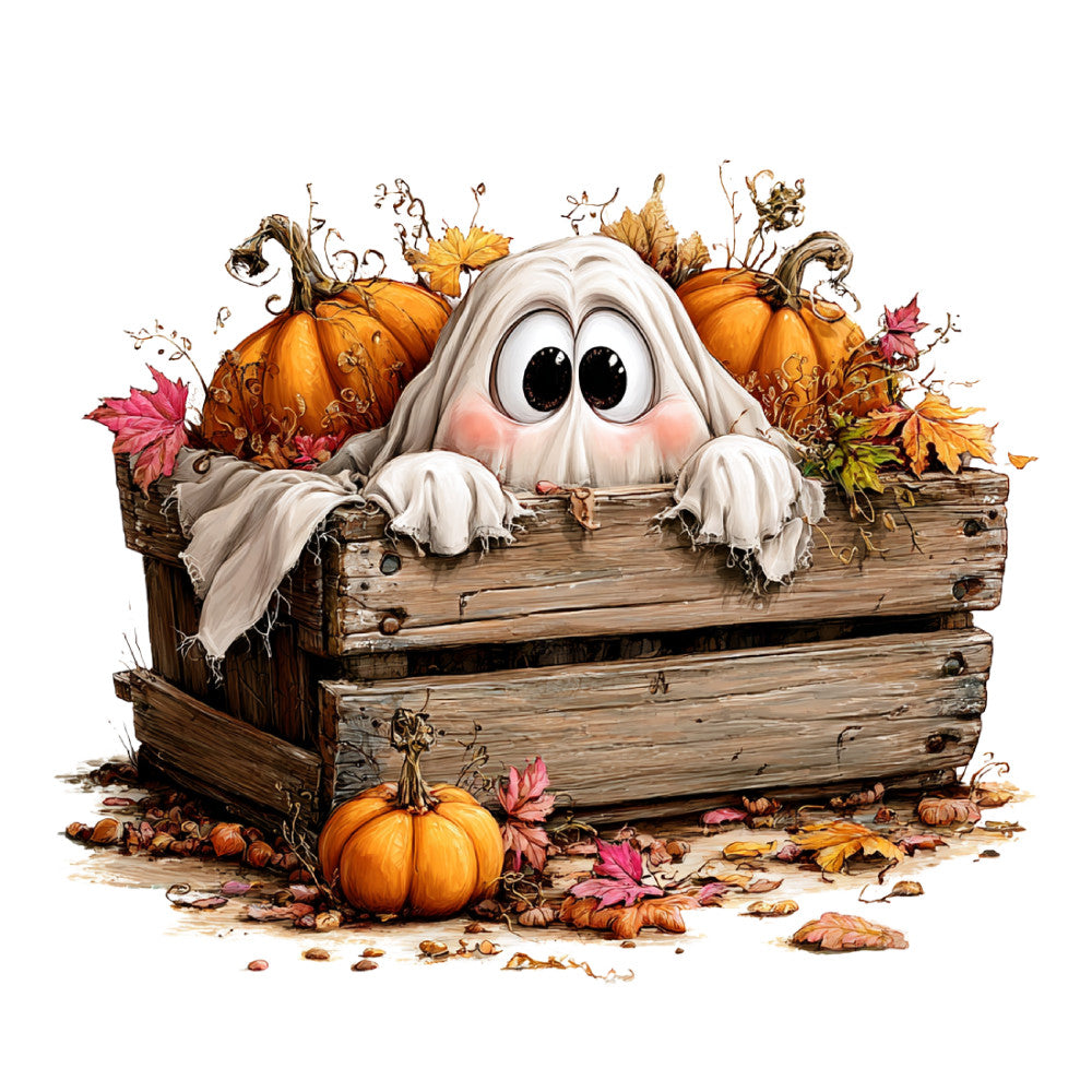 ghost, halloween, autumn, fall, pumpkins, orange, cream white, tan, brown, wood texture, rustic, whimsical, cute, spooky, seasonal, holiday, porch decor, harvest, dried leaves, autumn leaves, pinks, reds, gold, wooden crate, countryside, farmhouse, charming, playful, festive, october